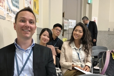 Students (left to right) Andrew, Kelly, Vincent, and Sally at Bank of Japan