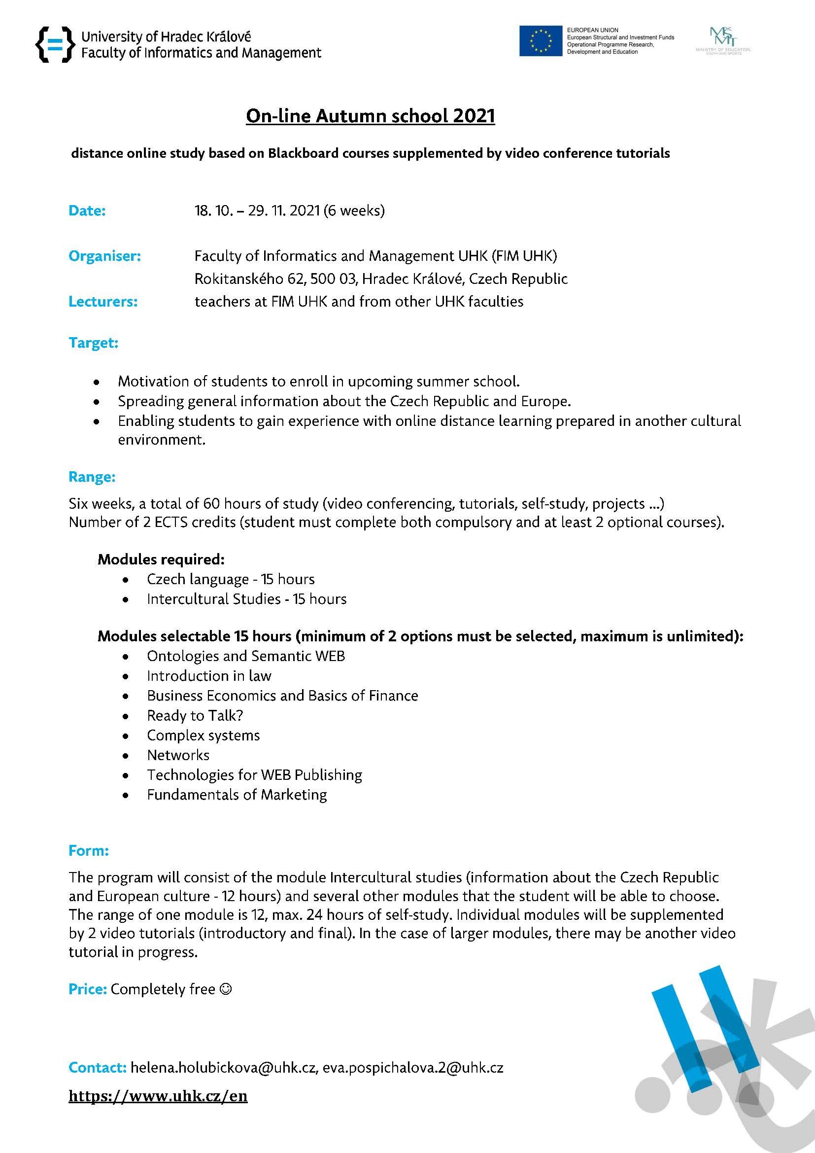 On-line Autumn School 2021 at FIM