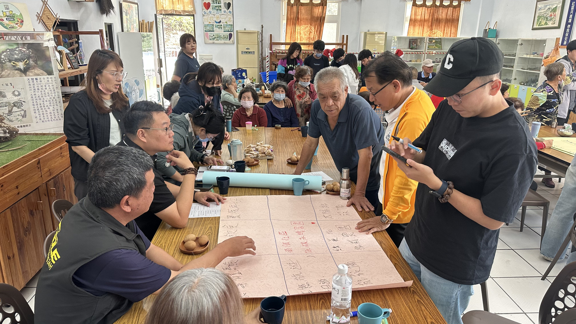 社區理事長張忠雄與小組同學熱烈分享社區現況，且提出社區目前較迫切的需求以因應計畫。圖片