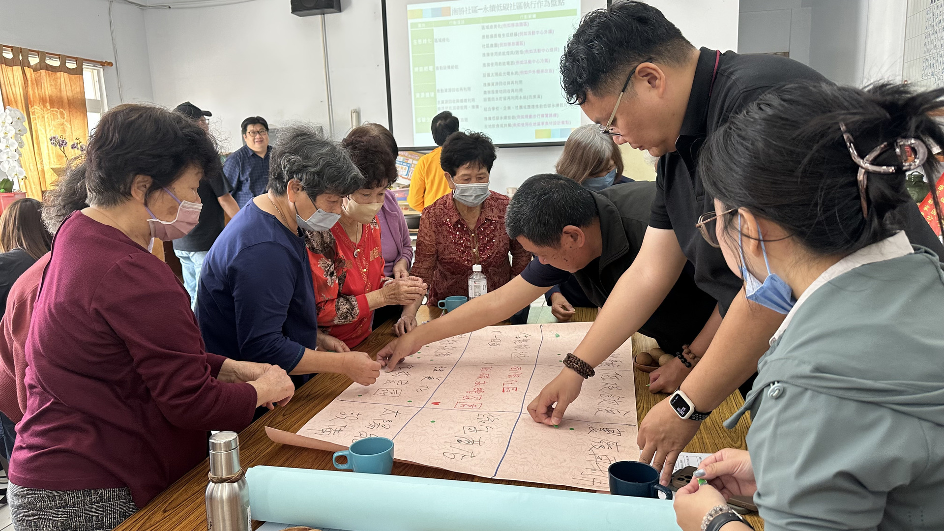 以九宮格的形式羅列永續家園對策，並邀請社區長輩針對策略進行投票。圖片