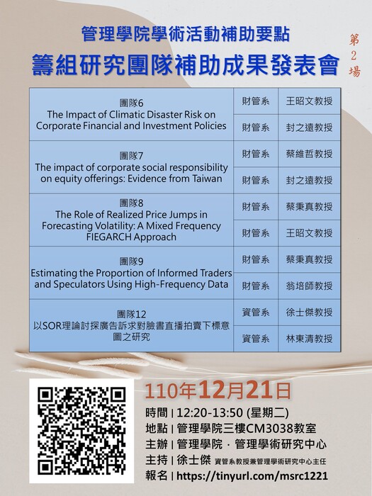 【管學中心】 12/21「籌組研究團隊補助」成果發表會圖片
