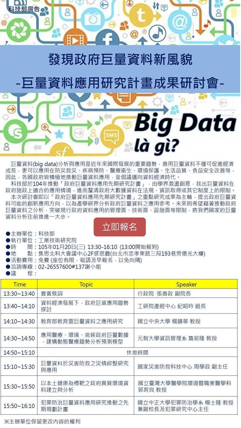 發現政府巨量資料新風貌：巨量資料應用研究計畫成果研討會（1/20）圖片